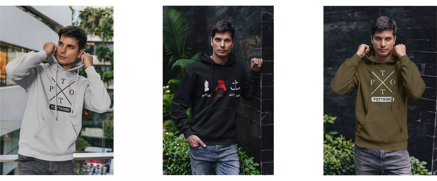 Du siehst drei Fotos, Mann mit Hoodie, unerschiedliche Motive