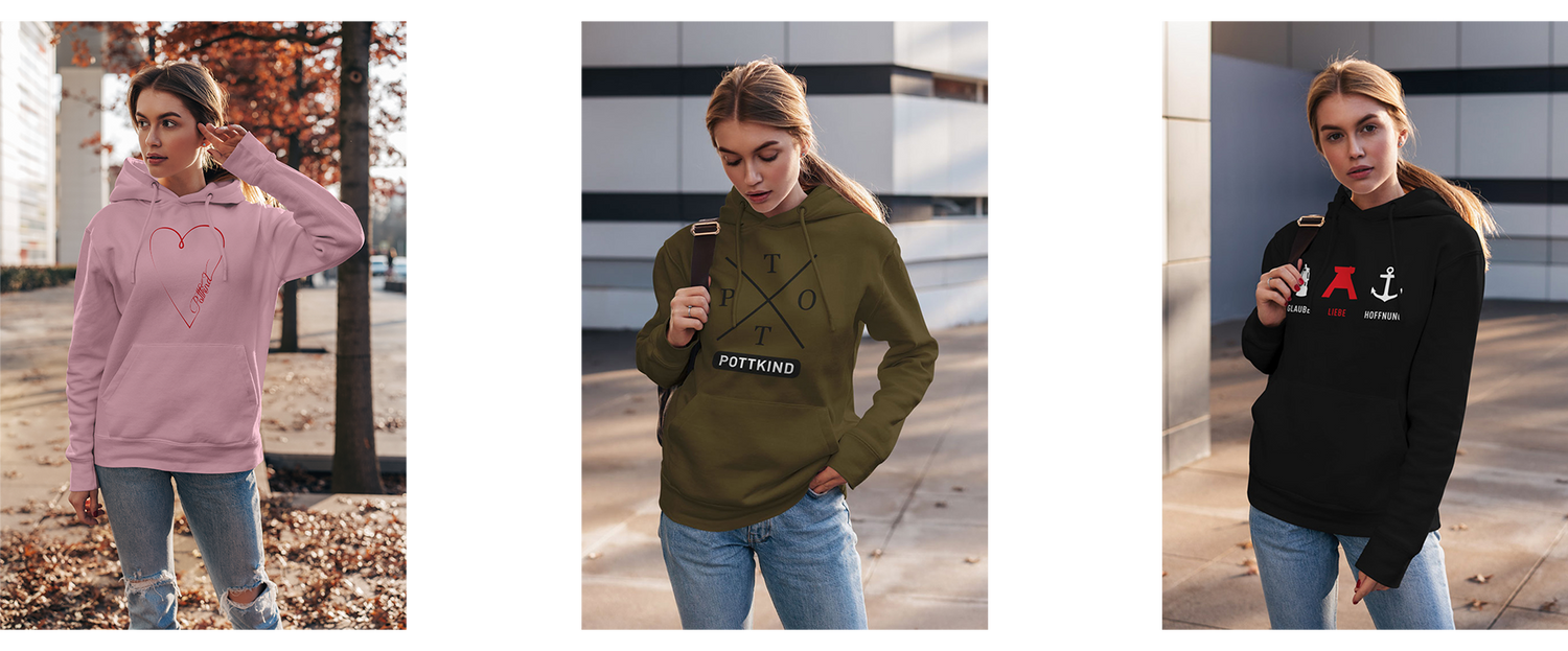 Drei Bilder mit drei Frauen mit unterschiedlichen Hoodies von Pottkind